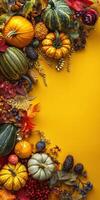 Autumn arrangement of colorful flowers and pumpkins with copy space photo