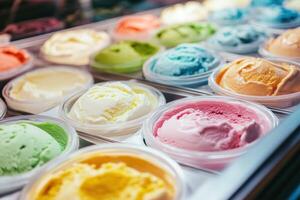 Colorful ice cream pots displayed at a shop window on a sunny day photo