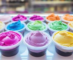Colorful ice cream pots on display at the shop window in sunlight photo