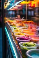 Colorful ice cream pots displayed in a shop window during summer photo