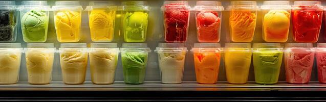 Colorful ice cream pots displayed in a shop window during daytime photo