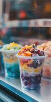 Colorful ice cream pots on display at a summer shop window photo