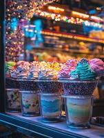 Colorful ice cream pots displayed in a shop window at dusk photo