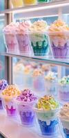 Colorful ice cream pots displayed attractively in a shop window photo