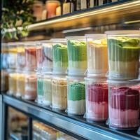Colorful ice cream in plastic pots displayed at the shop window photo