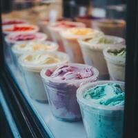 Colorful ice cream pots displayed in a shop window on a sunny day photo