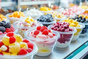 Colorful ice cream cups displayed in a shop window on a sunny day photo