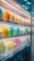 Colorful ice cream pots on display at a shop window in summer photo