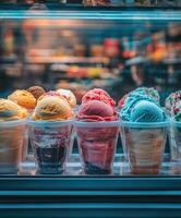 Colorful ice cream in plastic pots displayed at a shop window photo