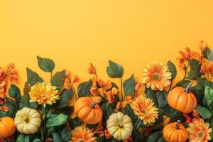 Autumn flowers and pumpkins displaying vibrant fall colors with space photo