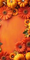 Autumn flowers and pumpkins arranged with vibrant colors and space photo