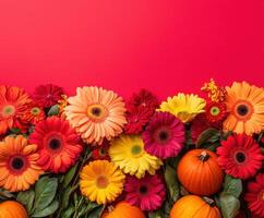 Autumn flowers and pumpkins in vibrant colors with space for text photo