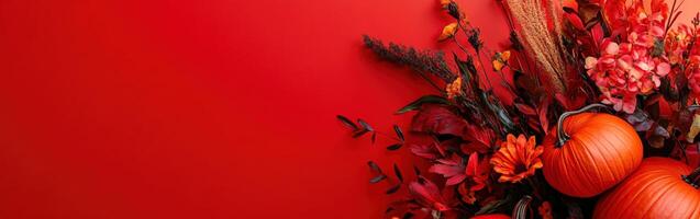 Autumn arrangement of colorful flowers and pumpkins with blank space photo