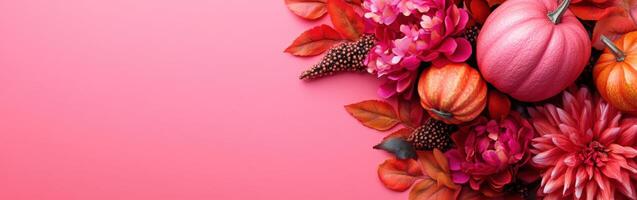 Autumn flowers and pumpkins in vibrant colors with ample copy space photo
