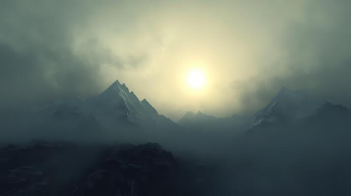 Evening fog envelops mountains at sunset