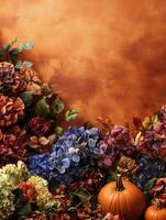 Autumn flowers and pumpkins in warm colors with space for text photo
