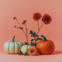 Autumn flowers and pumpkins in vibrant colors with empty copy space photo