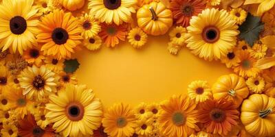 Autumn flowers and pumpkins arranged on a vibrant yellow background photo