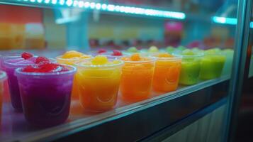 Colorful ice cream pots displayed in a shop window during the afternoon photo