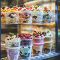Colorful ice cream pots displayed at a shop window on a sunny day photo