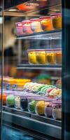 Colorful ice cream pots displayed in a shop window during daylight photo
