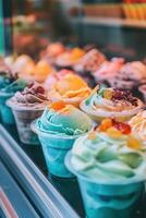 Colorful ice cream pots displayed in a shop window on a sunny day photo
