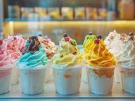 Colorful ice cream pots displayed in a shop window on a sunny day photo