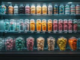 Colorful ice cream displayed in jars at a shop window during daylight photo