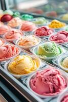 Colorful ice cream pots displayed in a shop window on a sunny day photo