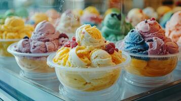 Colorful ice cream cups displayed in a shop window during summer photo