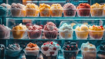 Colorful ice cream cups on display in a shop window in summer photo