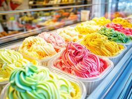 Colorful ice cream cups displayed in a shop window on a sunny day photo