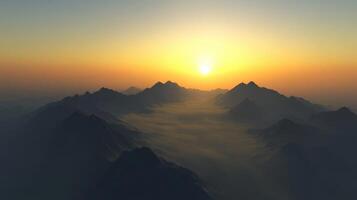 Foggy evening in the mountains at sunset photo