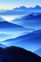 Fog-covered mountains in evening light creating a serene landscape photo