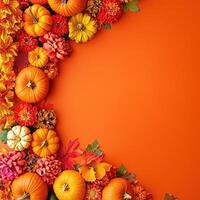 Autumn arrangement of colorful flowers and pumpkins on orange background photo