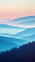 Evening fog envelops mountains under a pastel sky photo