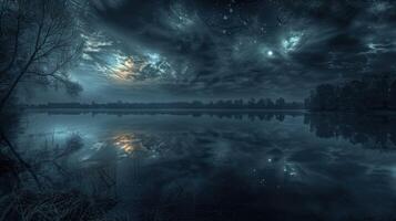 Night clouds reflecting on a tranquil lake at dusk photo