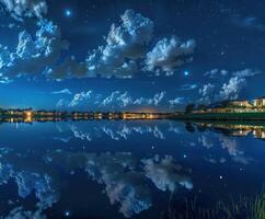 Cloud reflections in a tranquil lake under a starlit night sky photo