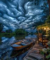 Night clouds mirror over tranquil lake with a boat and dock photo