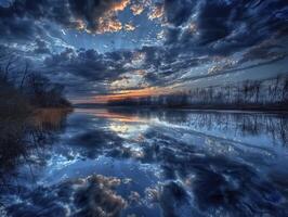 Night clouds beautifully reflected in calm water at twilight photo