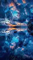 noche nubes reflejando en tranquilo lago aguas a puesta de sol foto