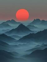 Majestic mountains enveloped in evening fog at sunset photo