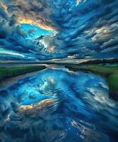 Night clouds reflecting on tranquil lake at dusk photo