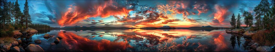 Night clouds reflecting on still lake water during sunset photo