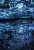 Night clouds and a full moon reflected on a tranquil lake photo