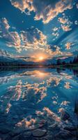 noche nubes reflejando terminado un tranquilo lago a puesta de sol foto