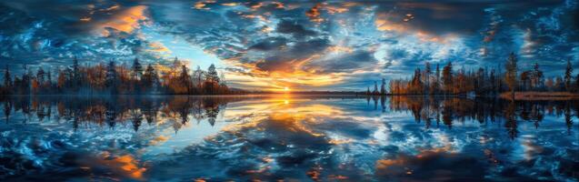 Reflections of night clouds at sunset over a tranquil lake photo