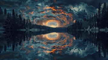 Night clouds swirl above a reflective lake under the starry sky photo