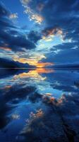 Night clouds reflecting on tranquil lake at sunset photo