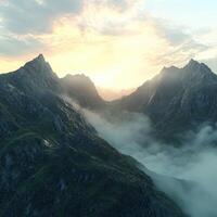 Fog settles in the mountains at dusk photo